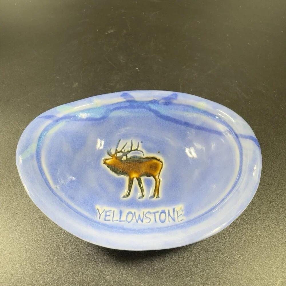 Vintage Yellowstone Pottery Ceramic Oval Trinket Holder Dish Small Plate Blue